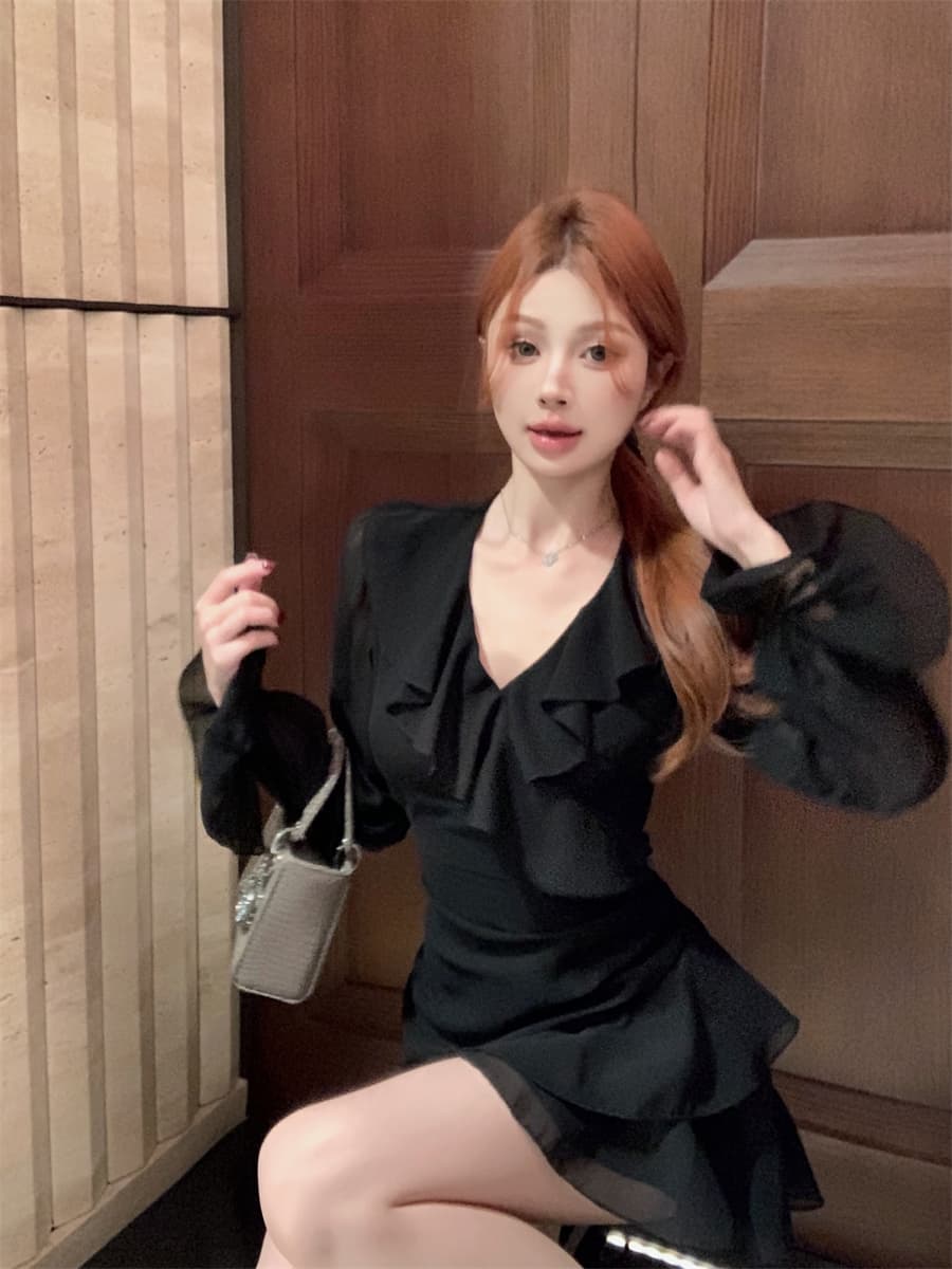 캐치 부서 데이트 치마 순수한 욕망 V넥 나팔 소매 검정색 드레스 작은 키 허리 수축 프릴 치마 이른 봄 새로운 상세 이미지 11