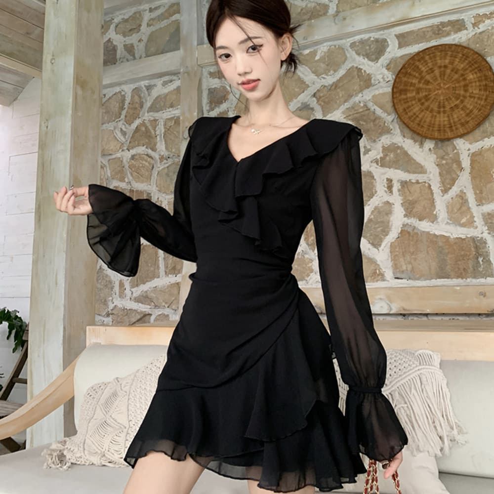 순수한 욕망 바람 깊은 v 작은 검은 드레스 프릴 긴팔 불규칙 인어 꼬리 슬림해 보이는 몸매 가꾸기 타이트 스커트 드레스