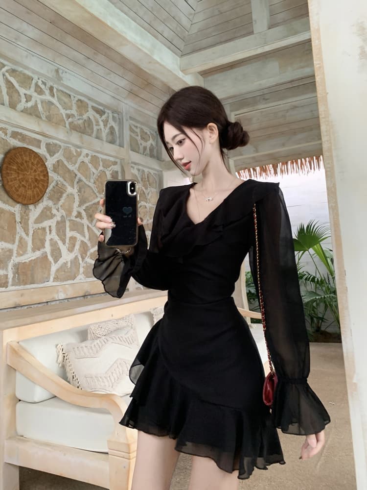 순수한 욕망 바람 깊은 v 작은 검은 드레스 프릴 긴팔 불규칙 인어 꼬리 슬림해 보이는 몸매 가꾸기 타이트 스커트 드레스 상세 이미지 3