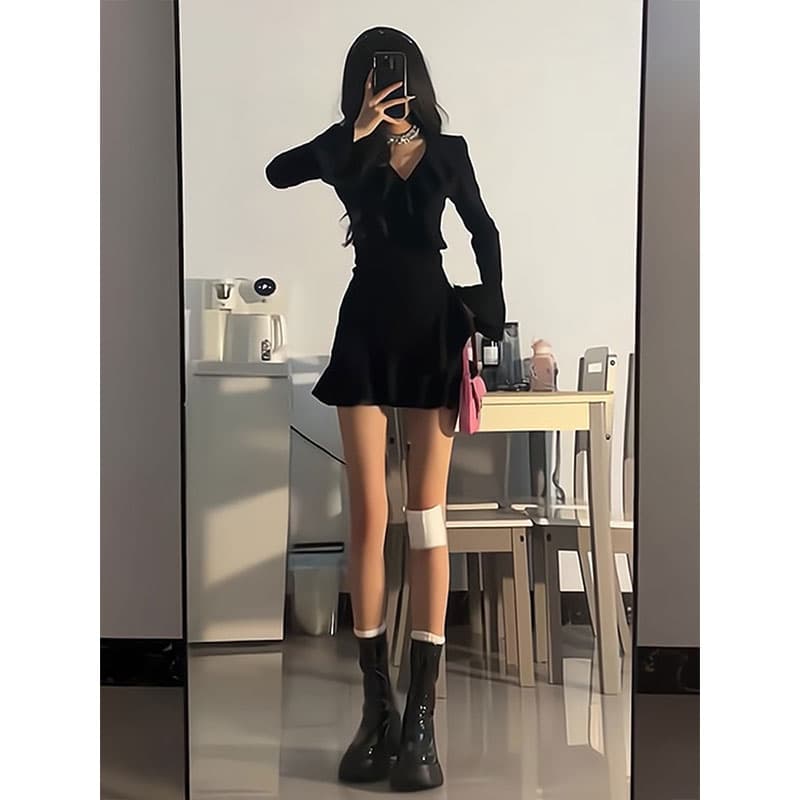 몸매 가꾸기 디스플레이 몸 작은 검은 드레스 깊은 v 칼라 프릴 긴팔 불규칙 인어 꼬리 핫걸 드레스 이미지 2