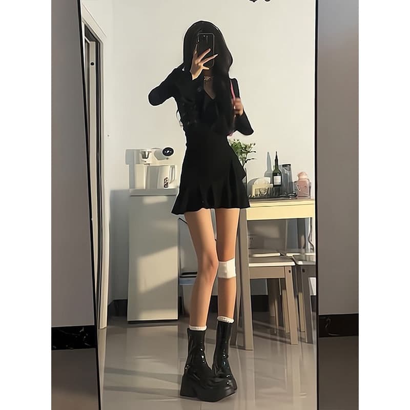 몸매 가꾸기 디스플레이 몸 작은 검은 드레스 깊은 v 칼라 프릴 긴팔 불규칙 인어 꼬리 핫걸 드레스