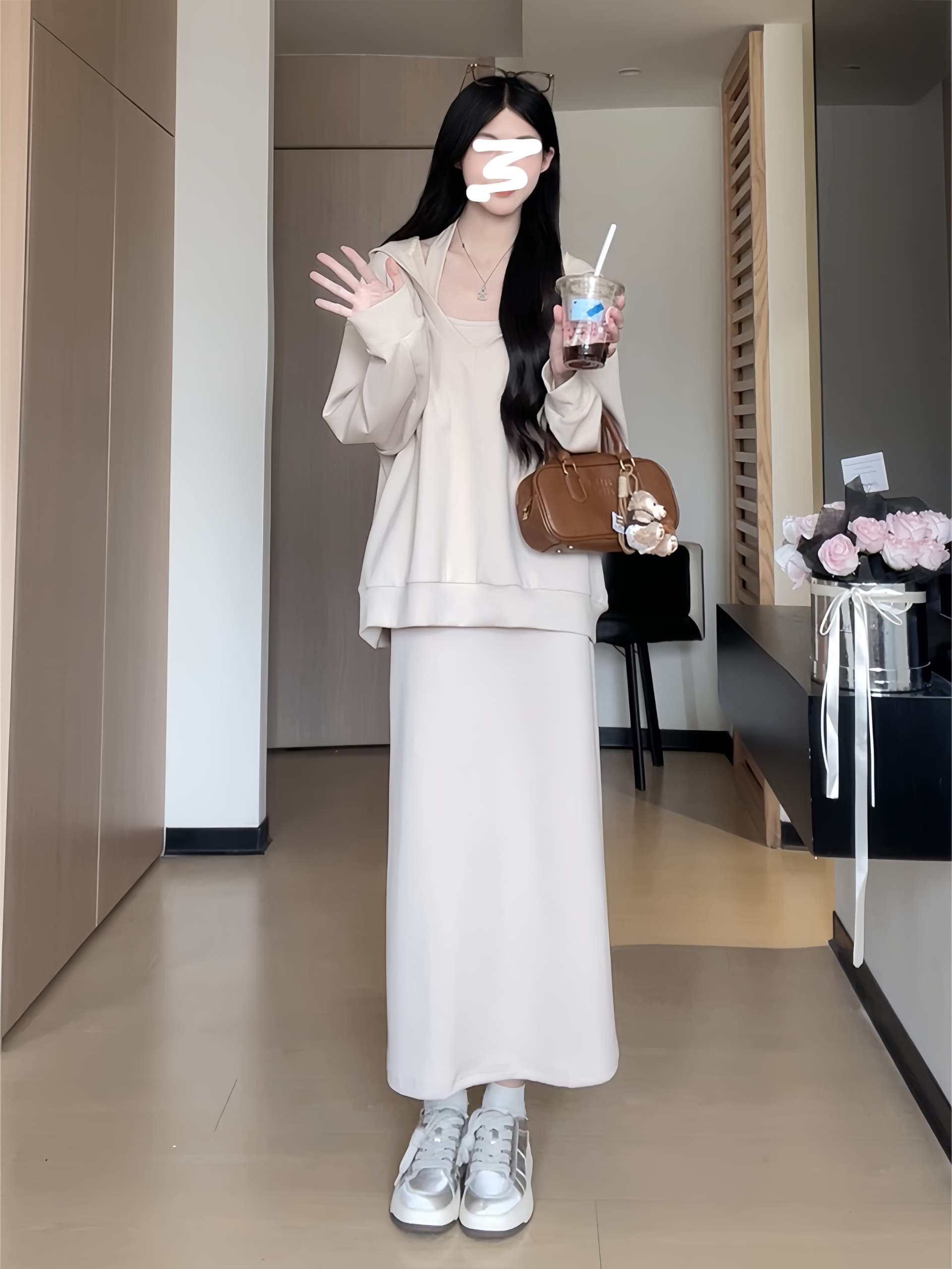 사람들 면 빈 가스 층 참나무 늑골 행침 목 V넥 후드 티 스웨터 세트 비틀림 맨위 반신 스커트 투피스 세트 상세 이미지 2