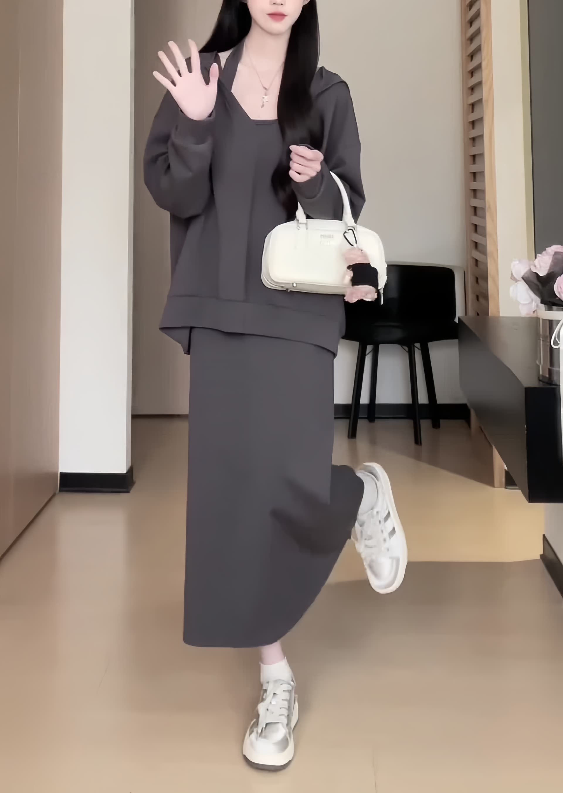 사람들 면 빈 가스 층 참나무 늑골 행침 목 V넥 후드 티 스웨터 세트 비틀림 맨위 반신 스커트 투피스 세트 상세 이미지 4