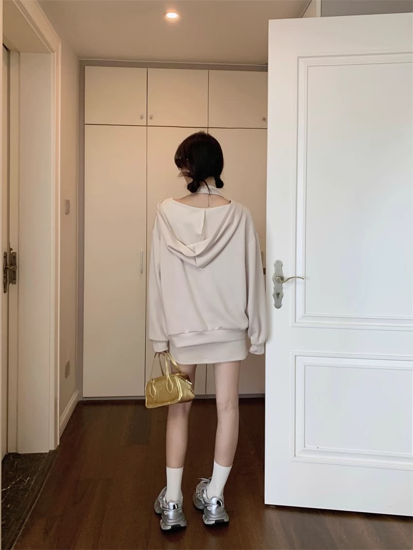 220 그램 사람들 면 빈 가스 층 참나무 늑골 단색 캐주얼 세트 여성 행침 목 후드 맨위 타이트 스커트 반신 스커트 상세 이미지 10