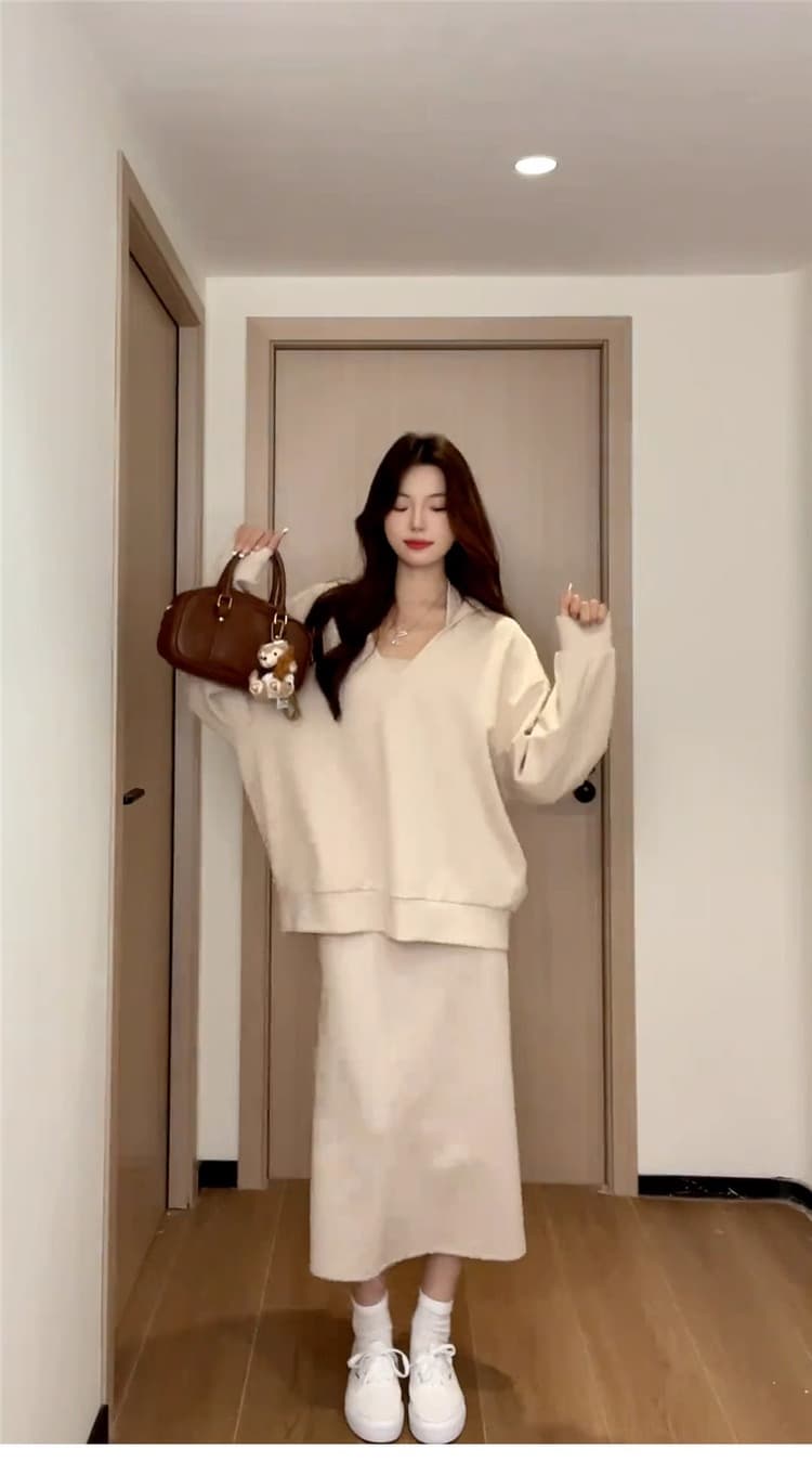 사람들 면 빈 가스 층 참나무 늑골 부드러운 바람 행침 목 세트 후드 맨위 슬림해 보이는 반신 스커트 투피스 세트 상세 이미지 3