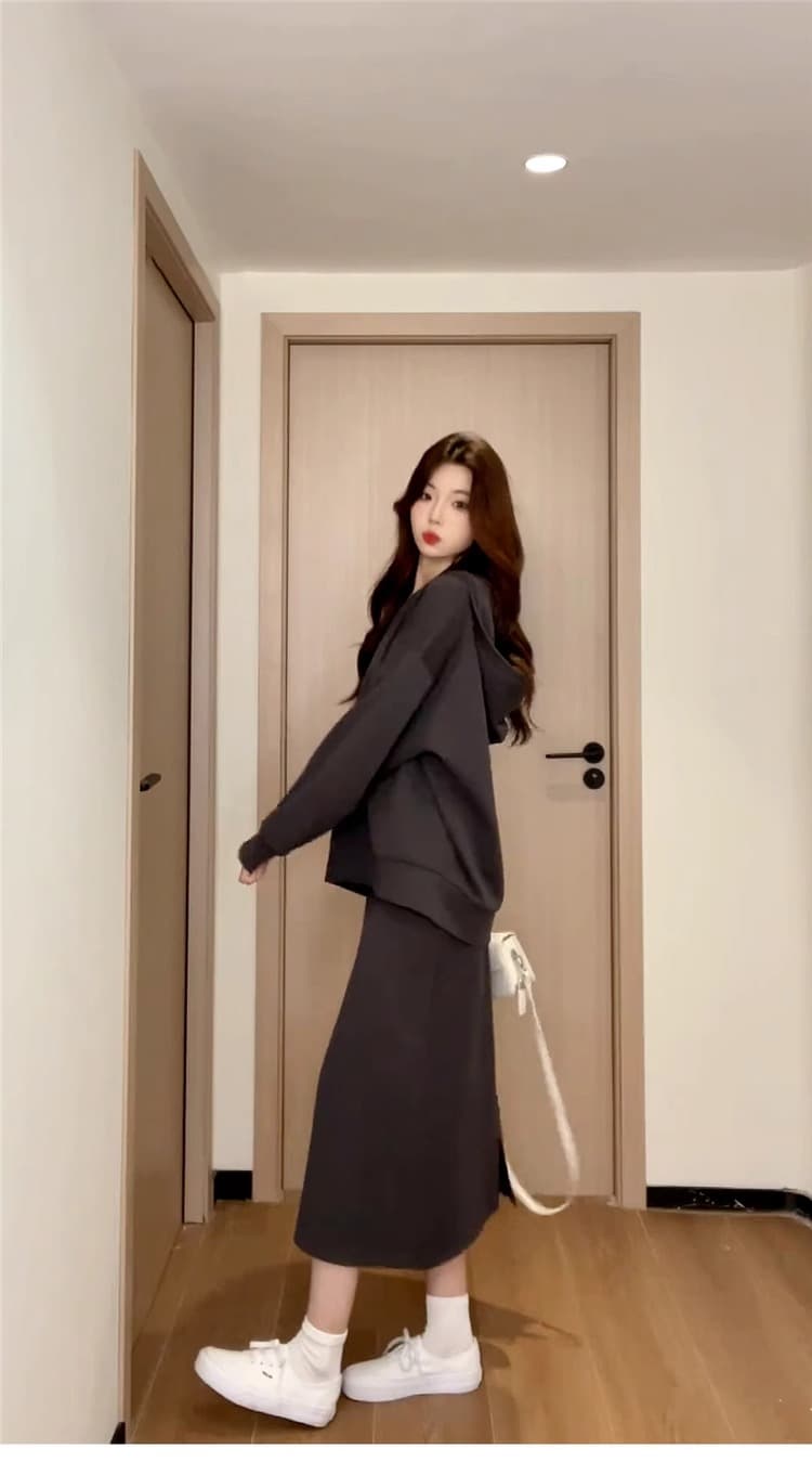 사람들 면 빈 가스 층 참나무 늑골 부드러운 바람 행침 목 세트 후드 맨위 슬림해 보이는 반신 스커트 투피스 세트 상세 이미지 6