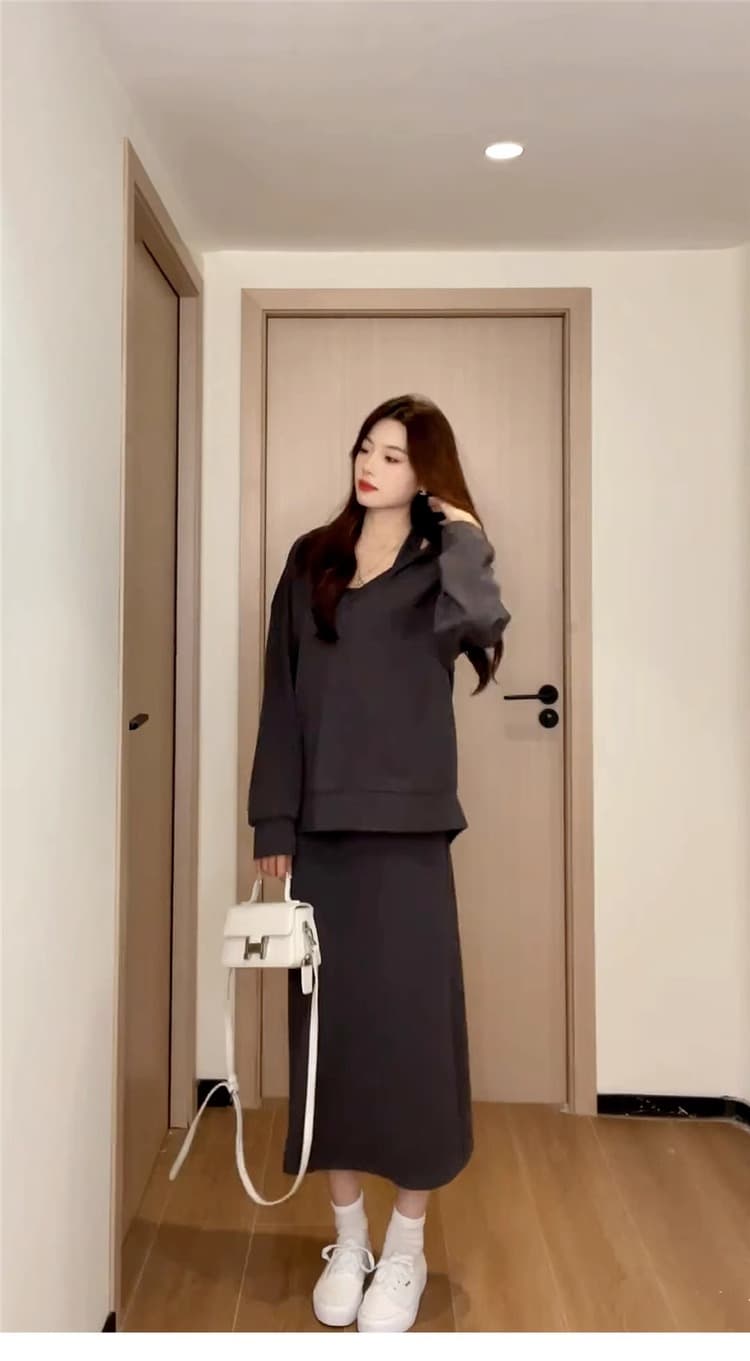 사람들 면 빈 가스 층 참나무 늑골 부드러운 바람 행침 목 세트 후드 맨위 슬림해 보이는 반신 스커트 투피스 세트 상세 이미지 8