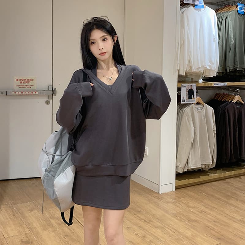 사람들 면 빈 가스 층 참나무 늑골 둘 색상 선택 사항 캐주얼 투피스 세트 v 칼라 행침 목 후드티 반신 스커트