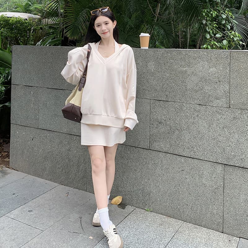사람들 면 빈 가스 층 참나무 늑골 둘 색상 선택 사항 캐주얼 투피스 세트 v 칼라 행침 목 후드티 반신 스커트 이미지 4