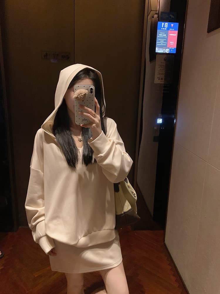 사람들 면 빈 가스 층 참나무 늑골 둘 색상 선택 사항 캐주얼 투피스 세트 v 칼라 행침 목 후드티 반신 스커트 상세 이미지 2
