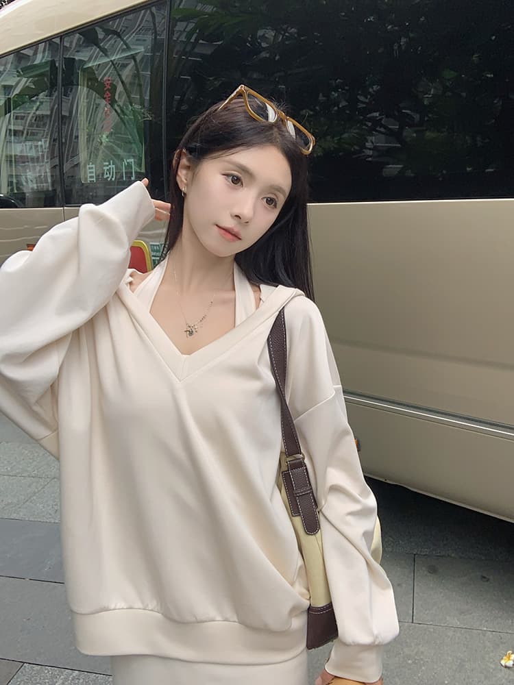 사람들 면 빈 가스 층 참나무 늑골 둘 색상 선택 사항 캐주얼 투피스 세트 v 칼라 행침 목 후드티 반신 스커트 상세 이미지 3