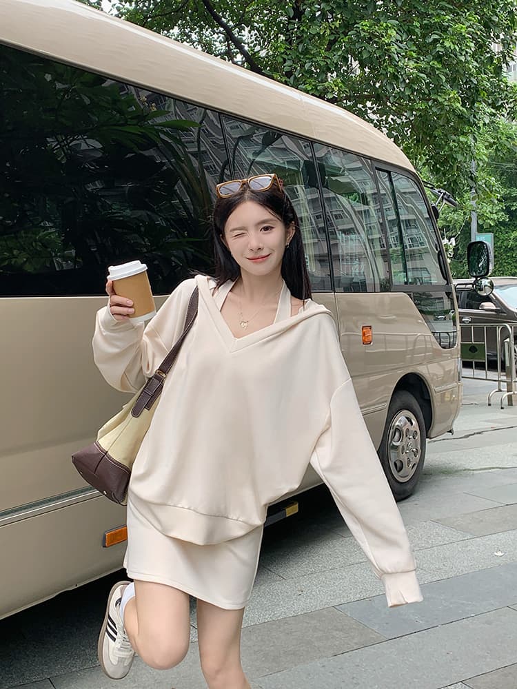 사람들 면 빈 가스 층 참나무 늑골 둘 색상 선택 사항 캐주얼 투피스 세트 v 칼라 행침 목 후드티 반신 스커트 상세 이미지 4