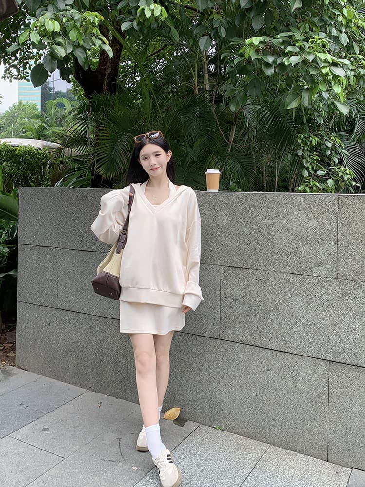 사람들 면 빈 가스 층 참나무 늑골 둘 색상 선택 사항 캐주얼 투피스 세트 v 칼라 행침 목 후드티 반신 스커트 상세 이미지 14