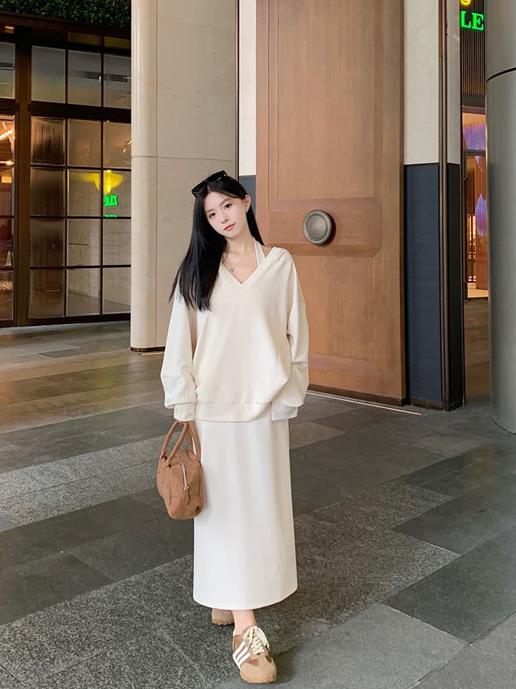 사람들 면 빈 가스 층 참나무 늑골 둘 색상 선택 사항 캐주얼 투피스 세트 v 칼라 행침 목 후드티 반신 스커트 상세 이미지 25
