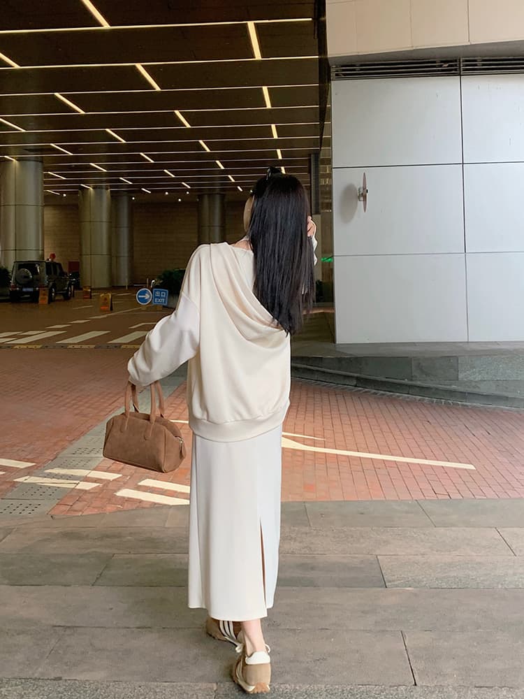 사람들 면 빈 가스 층 참나무 늑골 둘 색상 선택 사항 캐주얼 투피스 세트 v 칼라 행침 목 후드티 반신 스커트 상세 이미지 27