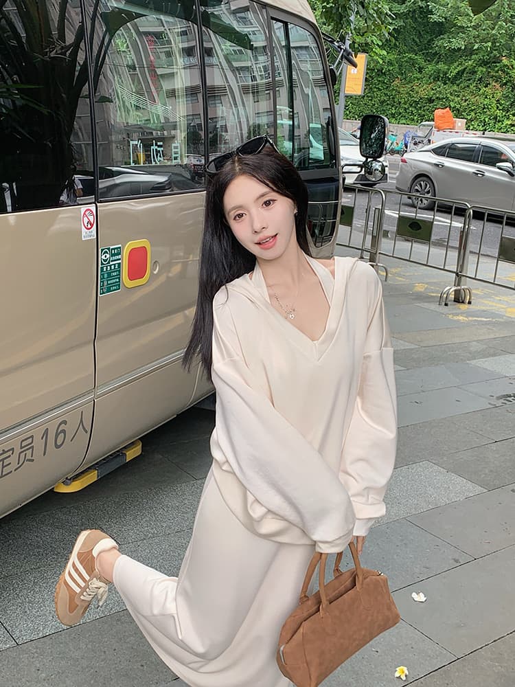 사람들 면 빈 가스 층 참나무 늑골 둘 색상 선택 사항 캐주얼 투피스 세트 v 칼라 행침 목 후드티 반신 스커트 상세 이미지 29
