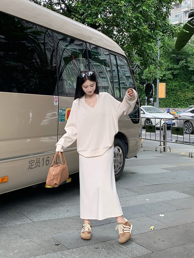사람들 면 빈 가스 층 참나무 늑골 둘 색상 선택 사항 캐주얼 투피스 세트 v 칼라 행침 목 후드티 반신 스커트 상세 이미지 31