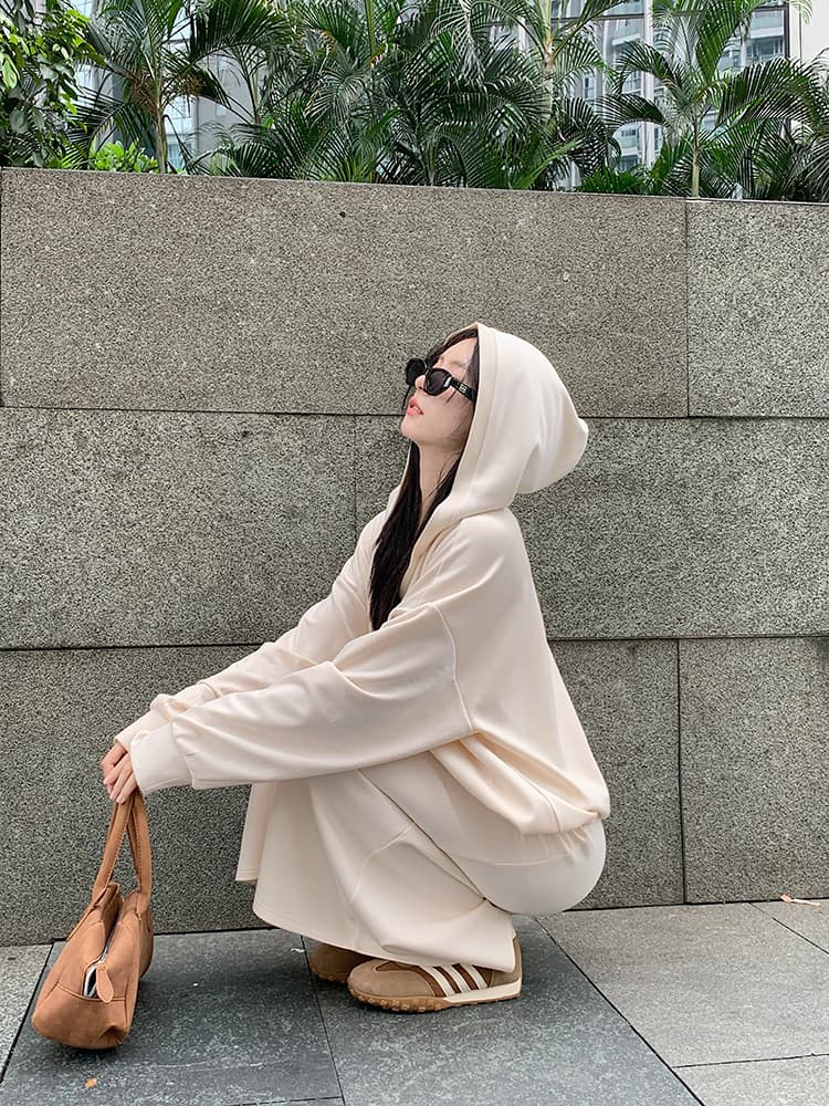 사람들 면 빈 가스 층 참나무 늑골 둘 색상 선택 사항 캐주얼 투피스 세트 v 칼라 행침 목 후드티 반신 스커트 상세 이미지 33