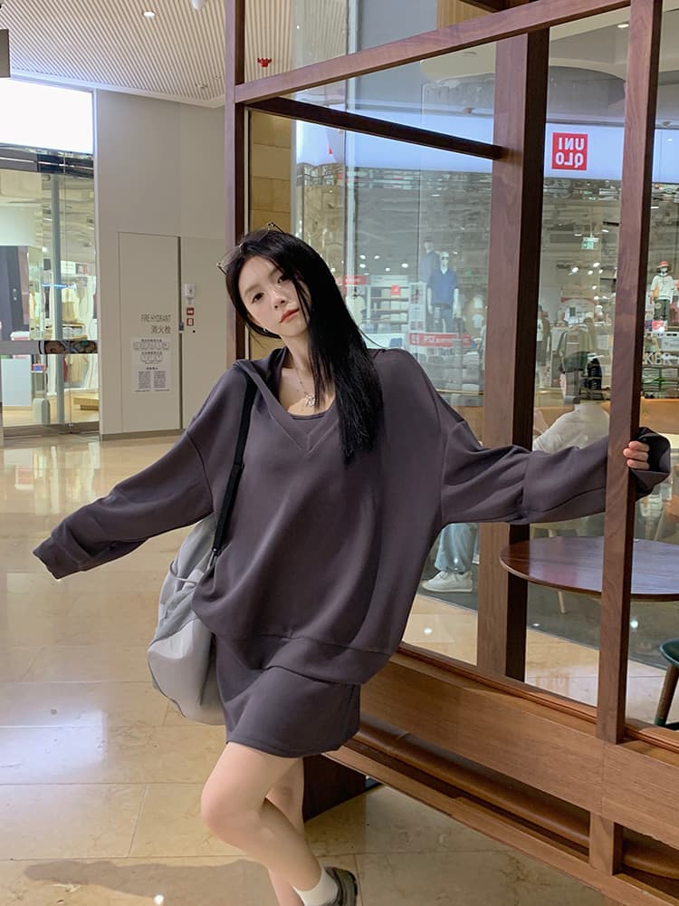 사람들 면 빈 가스 층 참나무 늑골 둘 색상 선택 사항 캐주얼 투피스 세트 v 칼라 행침 목 후드티 반신 스커트 상세 이미지 44