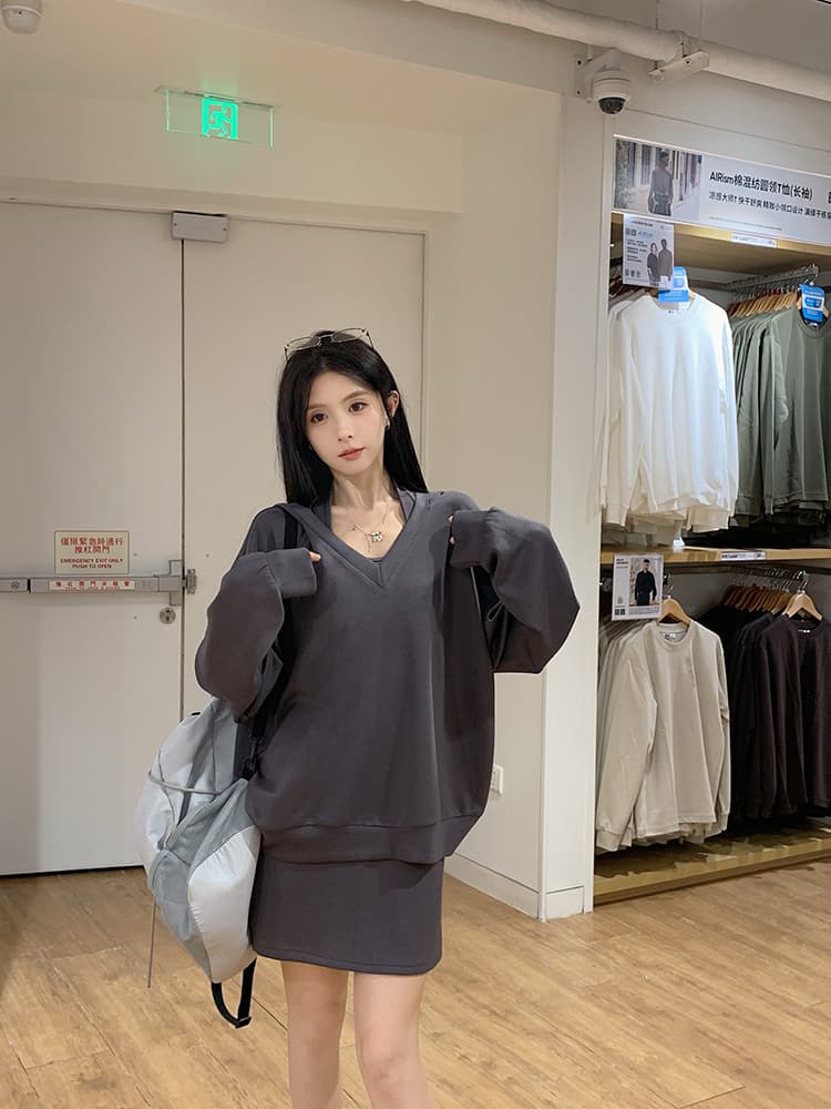 사람들 면 빈 가스 층 참나무 늑골 둘 색상 선택 사항 캐주얼 투피스 세트 v 칼라 행침 목 후드티 반신 스커트 상세 이미지 46