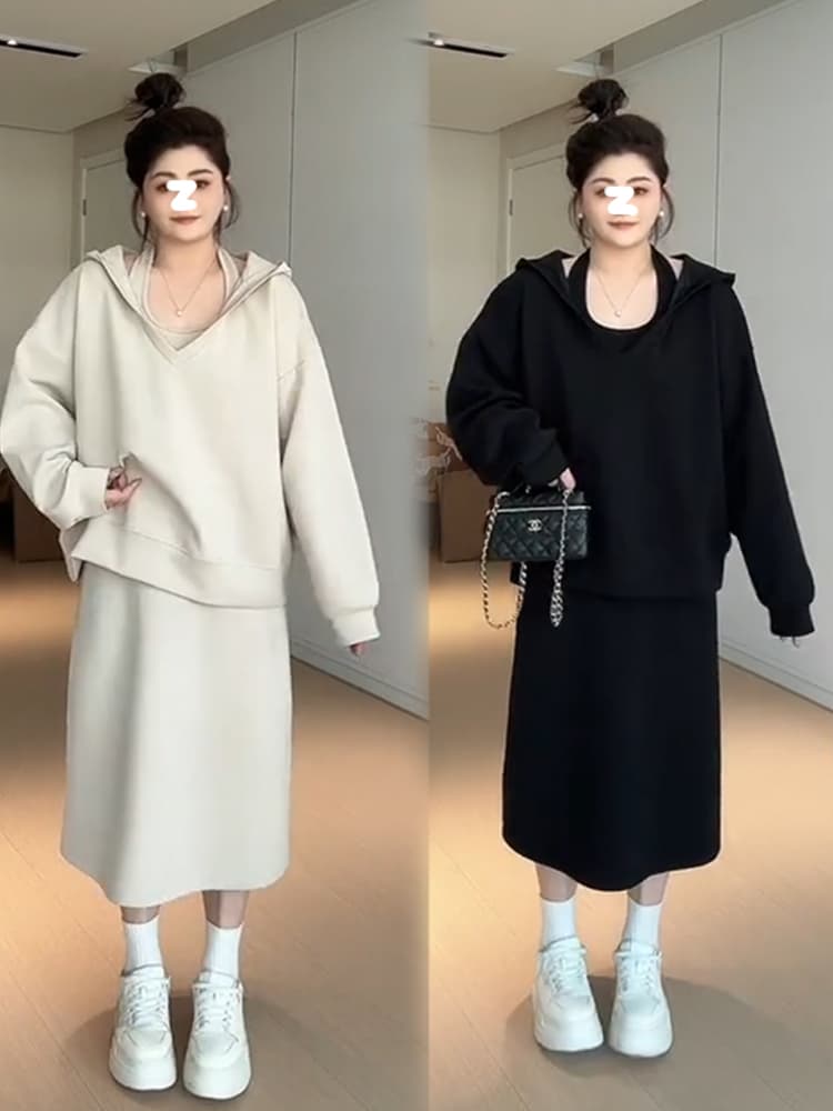 사람들 면 빈 가스 층 참나무 늑골 슬림해 보이는 단색 투피스 세트 행침 목 v 칼라 후드 맨위 반신 스커트 상세 이미지 4