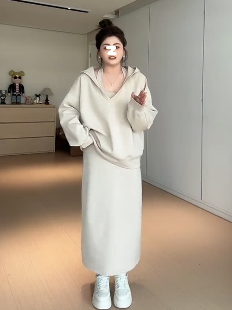 사람들 면 빈 가스 층 참나무 늑골 슬림해 보이는 단색 투피스 세트 행침 목 v 칼라 후드 맨위 반신 스커트 상세 이미지 6