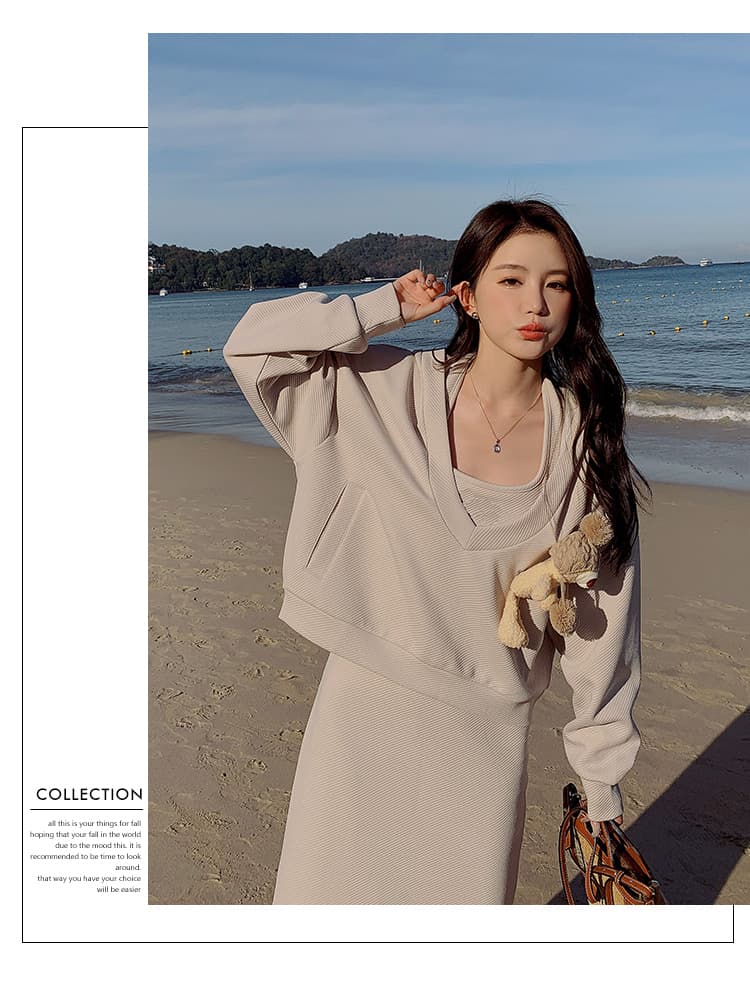 면 빈 가스 층 참나무 늑골 일상 출퇴근 세트 비틀림 후드티 몸매 가꾸기 반신 롱 스커트 여성 의류 상세 이미지 8
