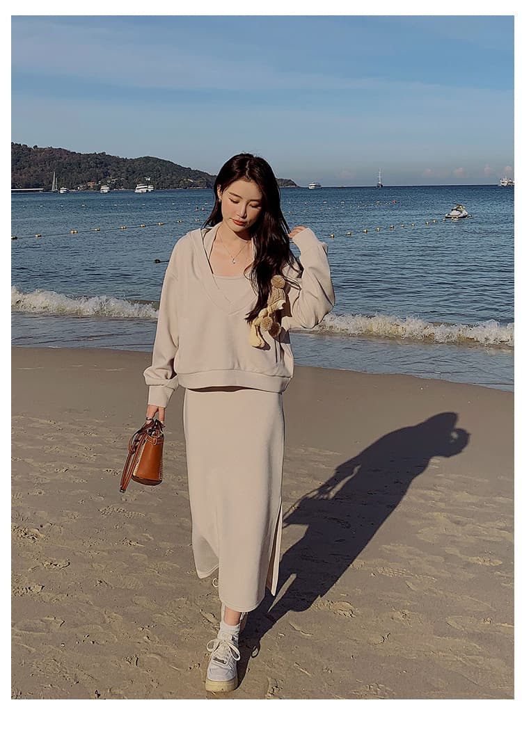 면 빈 가스 층 참나무 늑골 일상 출퇴근 세트 비틀림 후드티 몸매 가꾸기 반신 롱 스커트 여성 의류 상세 이미지 10