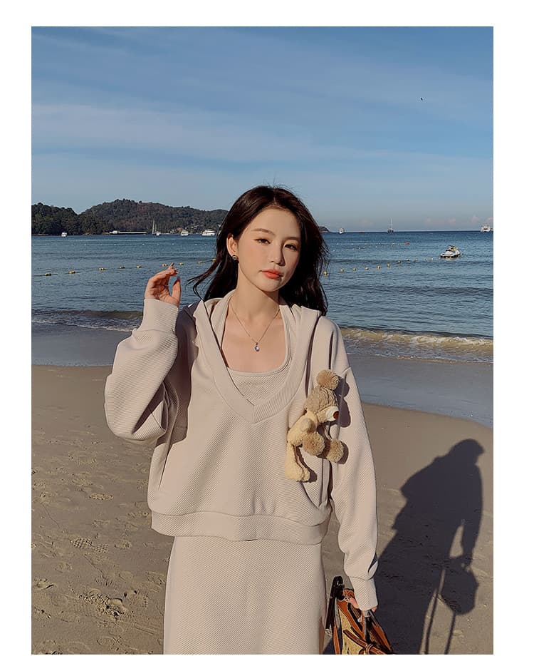 면 빈 가스 층 참나무 늑골 일상 출퇴근 세트 비틀림 후드티 몸매 가꾸기 반신 롱 스커트 여성 의류 상세 이미지 11