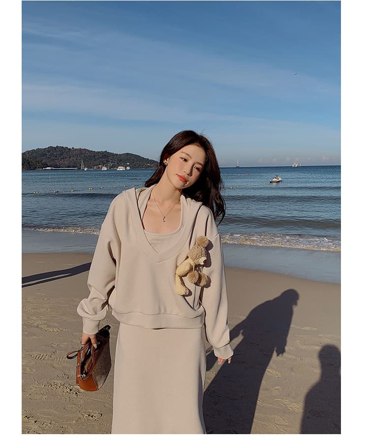 면 빈 가스 층 참나무 늑골 일상 출퇴근 세트 비틀림 후드티 몸매 가꾸기 반신 롱 스커트 여성 의류 상세 이미지 13