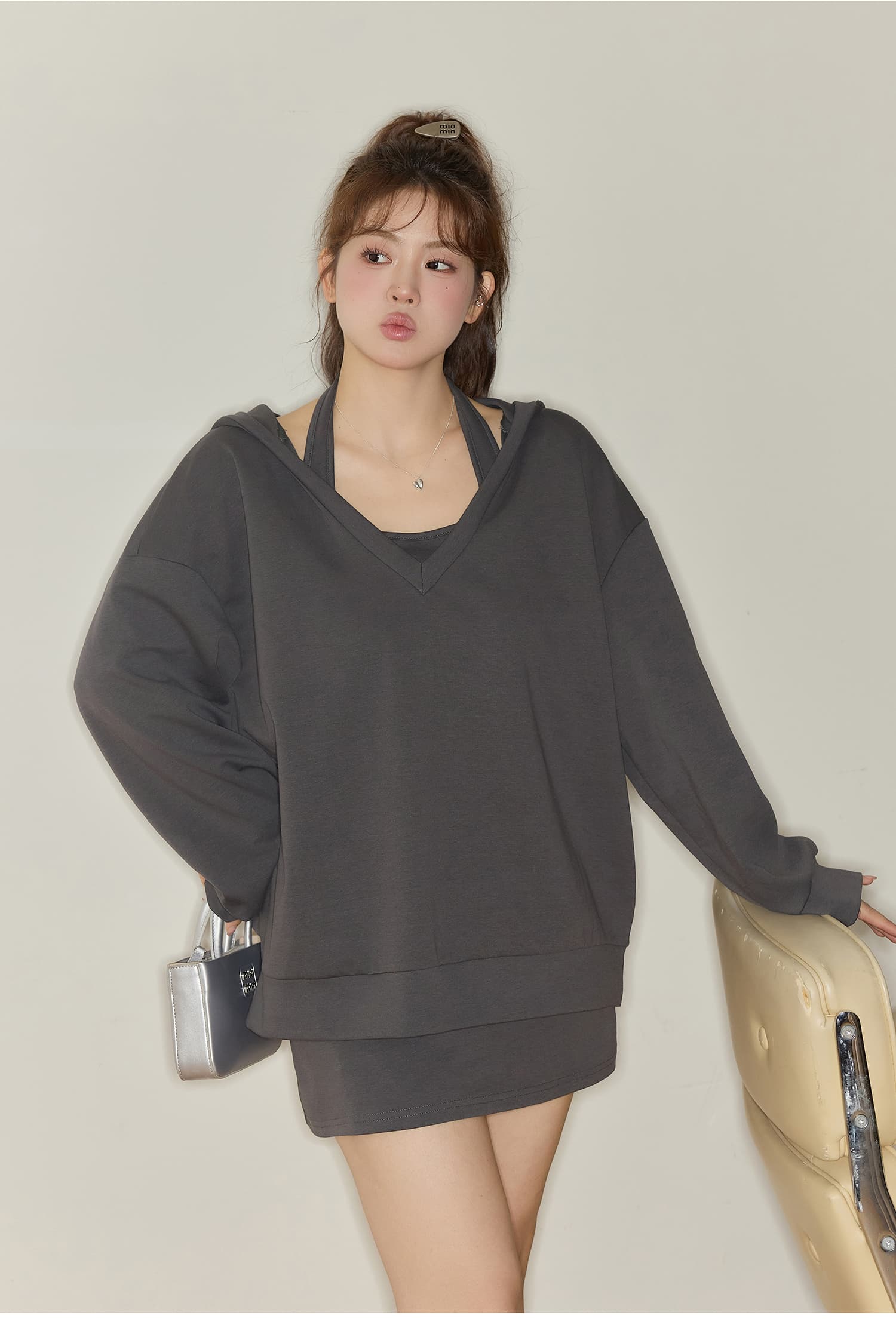 220 그램 사람들 면 빈 가스 층 참나무 늑골 여행 느긋한 세트 여성 후드 비틀림 맨위 타이트 스커트 반신 스커트 상세 이미지 7