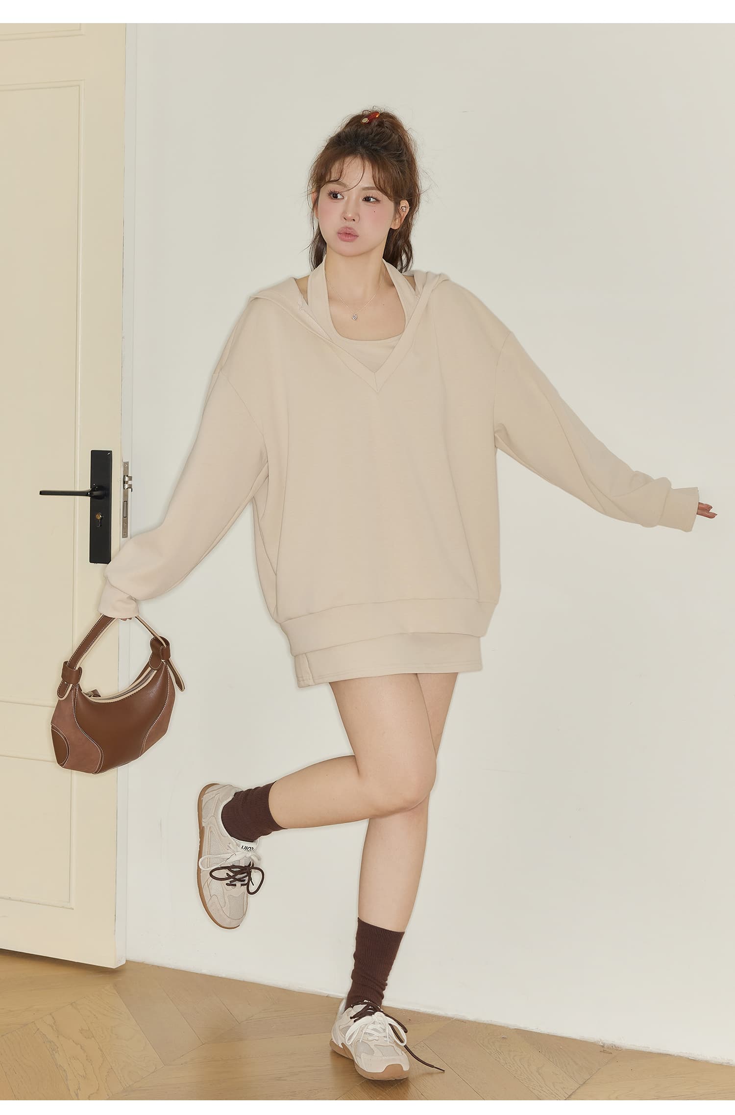 220 그램 사람들 면 빈 가스 층 참나무 늑골 여행 느긋한 세트 여성 후드 비틀림 맨위 타이트 스커트 반신 스커트 상세 이미지 23