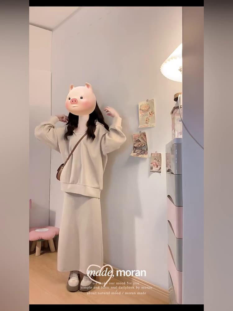 사람들 면 빈 가스 층 참나무 늑골 행침 목 V넥 후드 티 스웨터 비틀림 맨위 반신 스커트 캐주얼 투피스 세트 상세 이미지 2