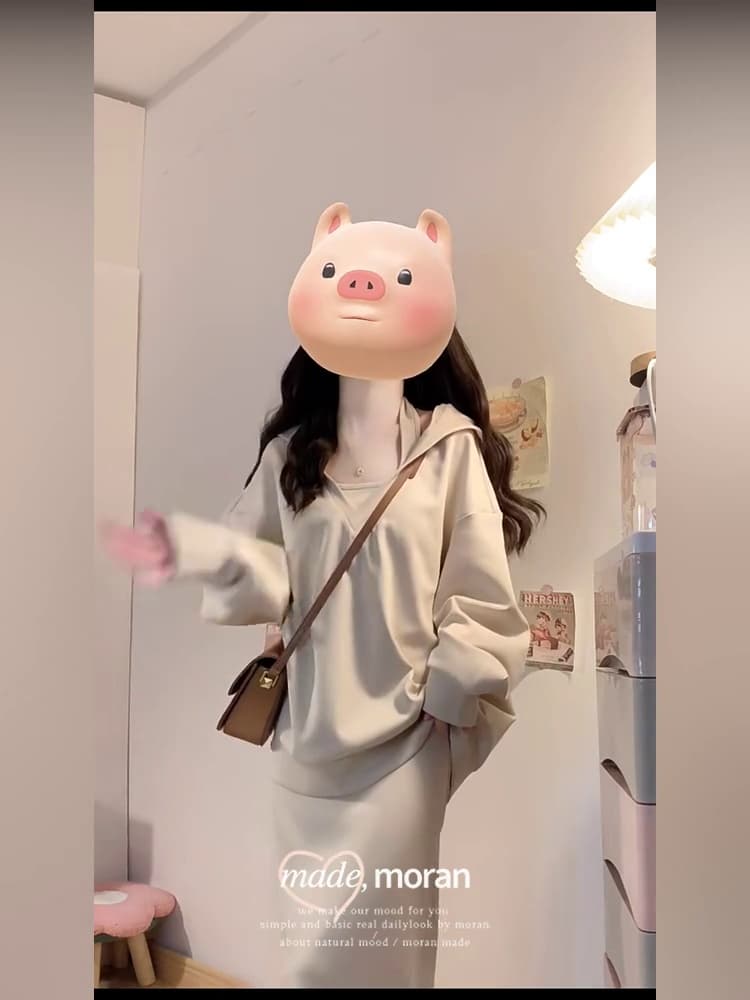 사람들 면 빈 가스 층 참나무 늑골 행침 목 V넥 후드 티 스웨터 비틀림 맨위 반신 스커트 캐주얼 투피스 세트 상세 이미지 6