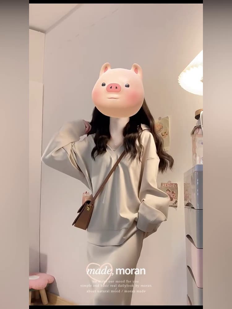 사람들 면 빈 가스 층 참나무 늑골 행침 목 V넥 후드 티 스웨터 비틀림 맨위 반신 스커트 캐주얼 투피스 세트 상세 이미지 7