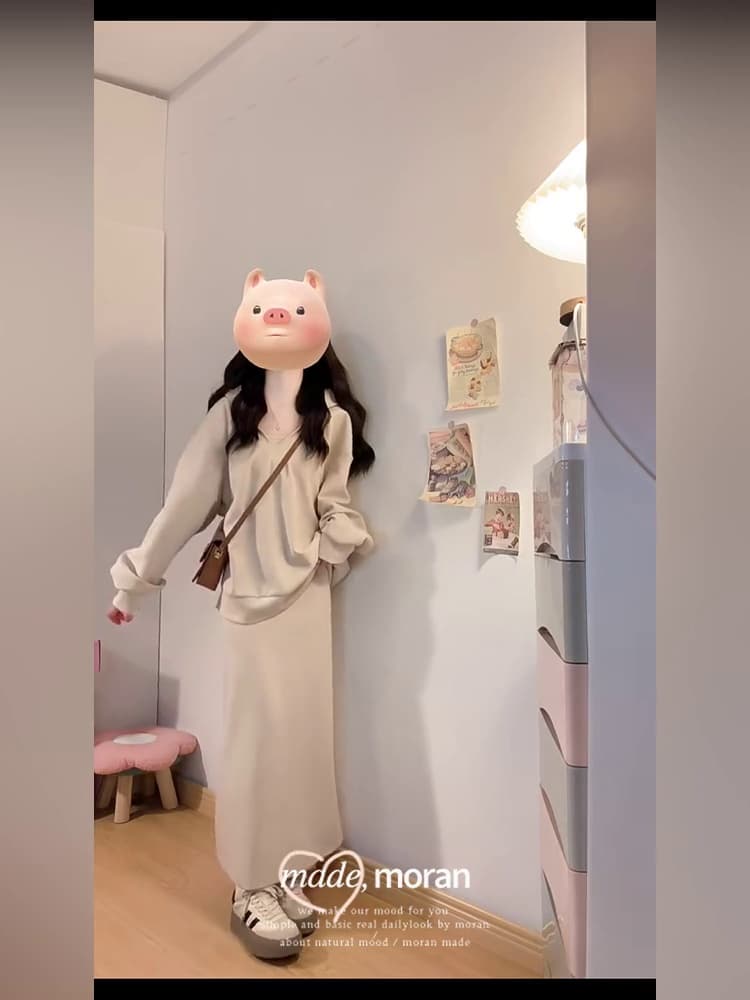 사람들 면 빈 가스 층 참나무 늑골 행침 목 V넥 후드 티 스웨터 비틀림 맨위 반신 스커트 캐주얼 투피스 세트 상세 이미지 9