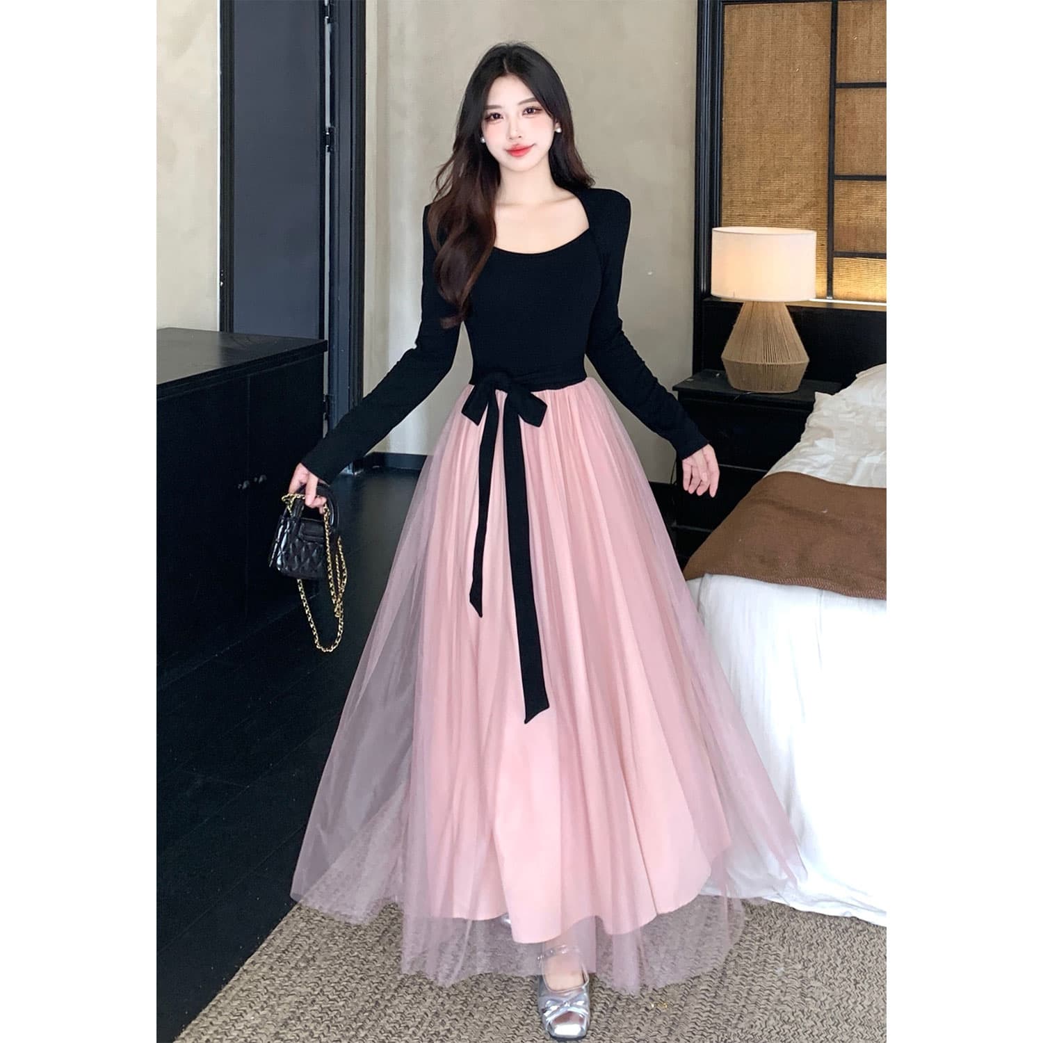 사람들 면 리브 슈퍼 비밀 폴리 에스터 인터넷 네리 하나 품격 명문 여성 로얄 자매 프랑스식 광장 칼라 허리 수축 드레스 상세 이미지 2