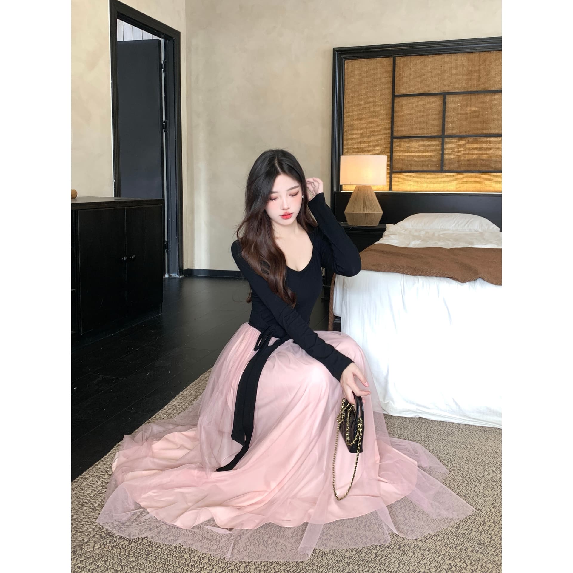 사람들 면 리브 슈퍼 비밀 폴리 에스터 인터넷 네리 하나 품격 명문 여성 로얄 자매 프랑스식 광장 칼라 허리 수축 드레스 상세 이미지 6