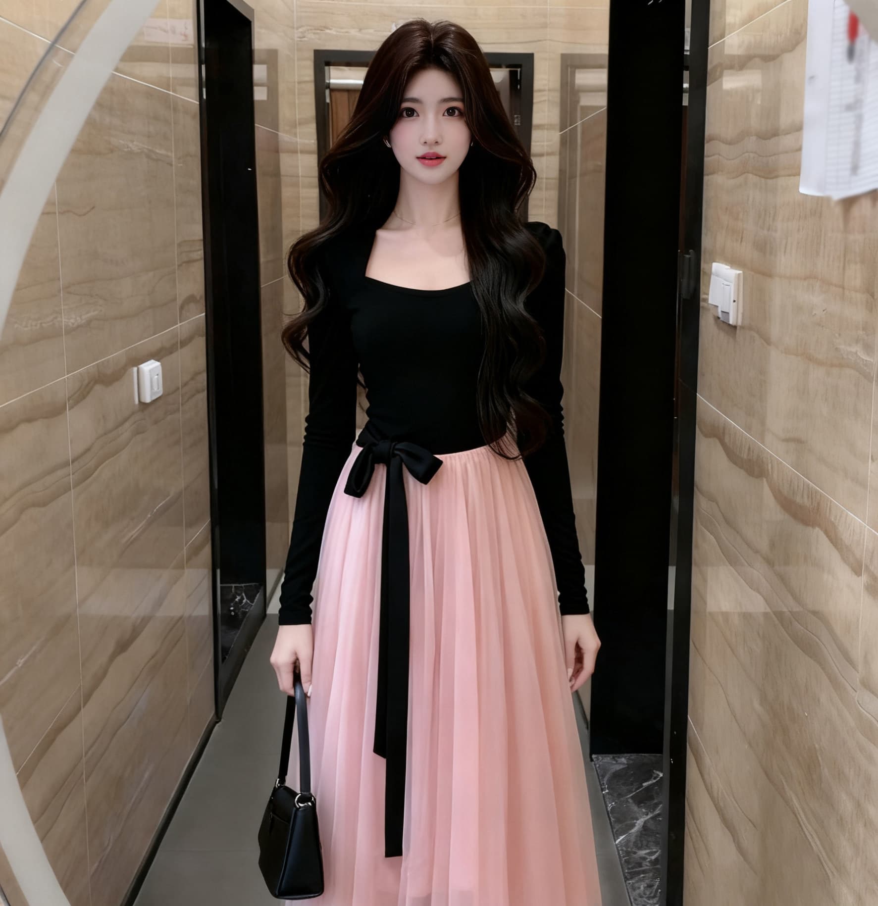 면 리브 슈퍼 비밀 폴리 에스터 인터넷 네리 하나 프랑스식 페이크 레이어드 배색 품격 치마 슬림해 보이는 드레스 상세 이미지 3