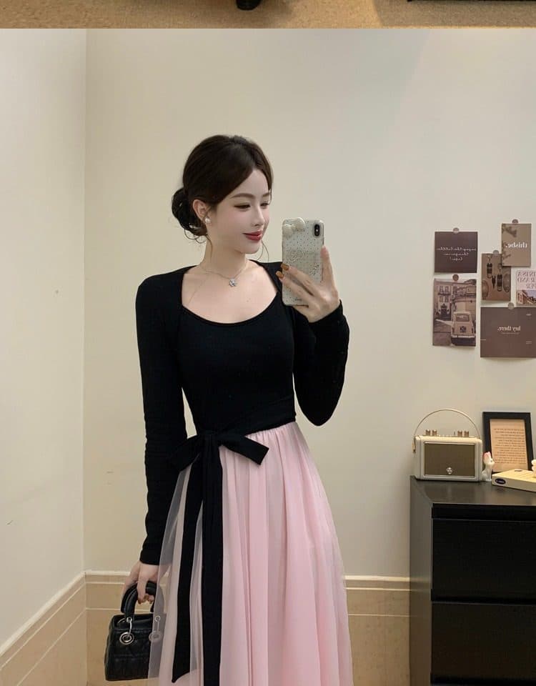 사람들 면 리브 슈퍼 비밀 폴리 에스터 인터넷 네리 하나 고급 센스 검정색 드레스 부유 한 가족 천 골드 센스 롱 스커트 상세 이미지 3