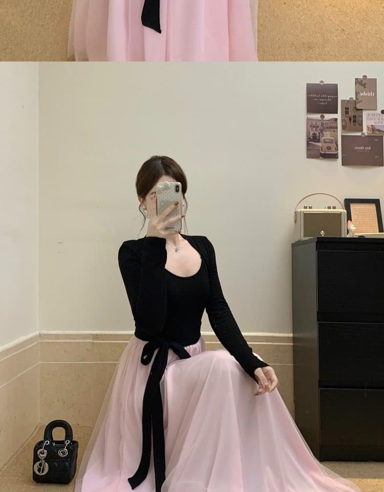 사람들 면 리브 슈퍼 비밀 폴리 에스터 인터넷 네리 하나 고급 센스 검정색 드레스 부유 한 가족 천 골드 센스 롱 스커트 상세 이미지 5