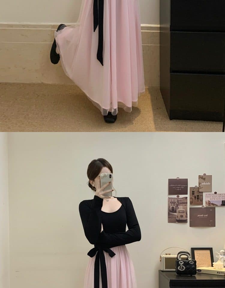 사람들 면 리브 슈퍼 비밀 폴리 에스터 인터넷 네리 하나 고급 센스 검정색 드레스 부유 한 가족 천 골드 센스 롱 스커트 상세 이미지 13