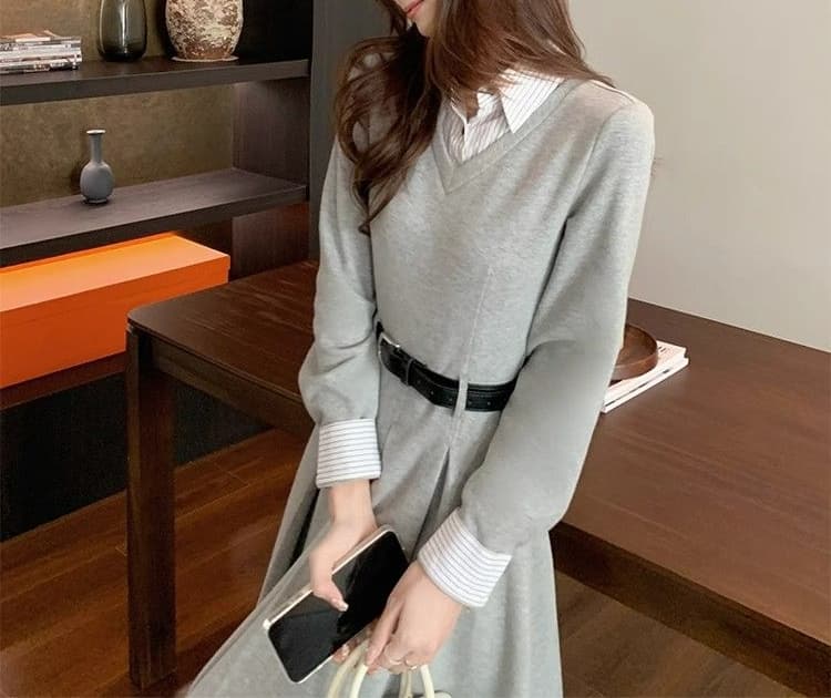 프랑스식 셔츠 패치워크 여성 드레스 가을 겨울철 새로운 교 자본금 면접 의류 허리 수축 품격 롱 스커트 상세 이미지 5