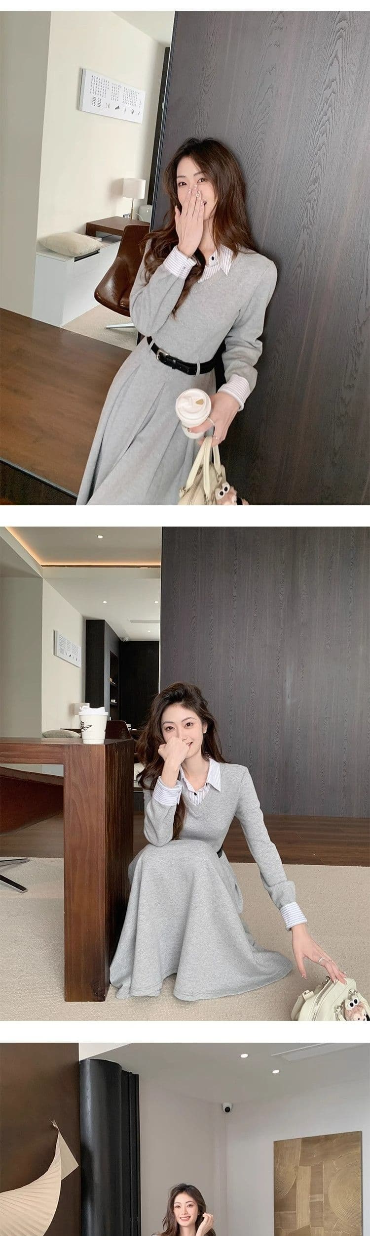 프랑스식 셔츠 패치워크 여성 드레스 가을 겨울철 새로운 교 자본금 면접 의류 허리 수축 품격 롱 스커트 상세 이미지 8