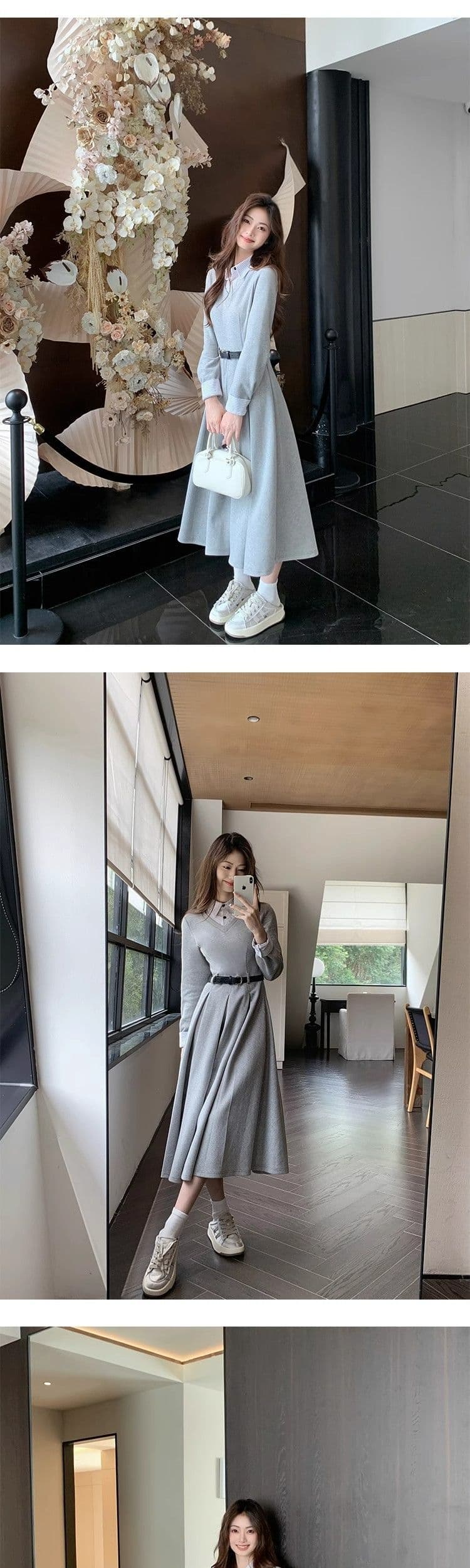 프랑스식 셔츠 패치워크 여성 드레스 가을 겨울철 새로운 교 자본금 면접 의류 허리 수축 품격 롱 스커트 상세 이미지 10