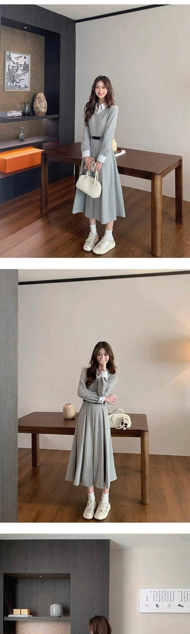 프랑스식 셔츠 패치워크 여성 드레스 가을 겨울철 새로운 교 자본금 면접 의류 허리 수축 품격 롱 스커트 상세 이미지 14