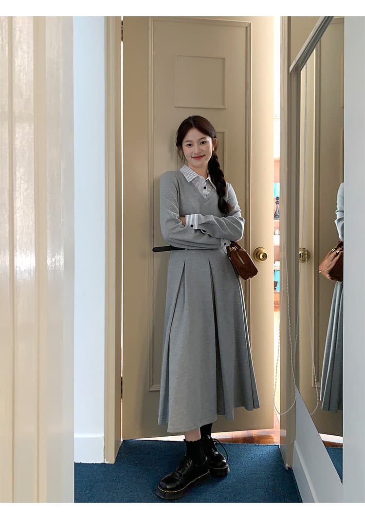 달콤한 핫걸 페이크 레이어드 드레스 여성 의류 가을 겨울 디자인 센스 고유 한 허리 수축 품격 슬림해 보이는 인사이드 가져 가라. 길다 치마 상세 이미지 18