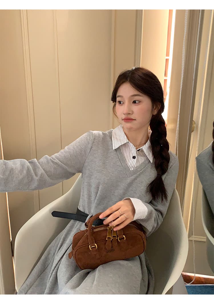 달콤한 핫걸 페이크 레이어드 드레스 여성 의류 가을 겨울 디자인 센스 고유 한 허리 수축 품격 슬림해 보이는 인사이드 가져 가라. 길다 치마 상세 이미지 20