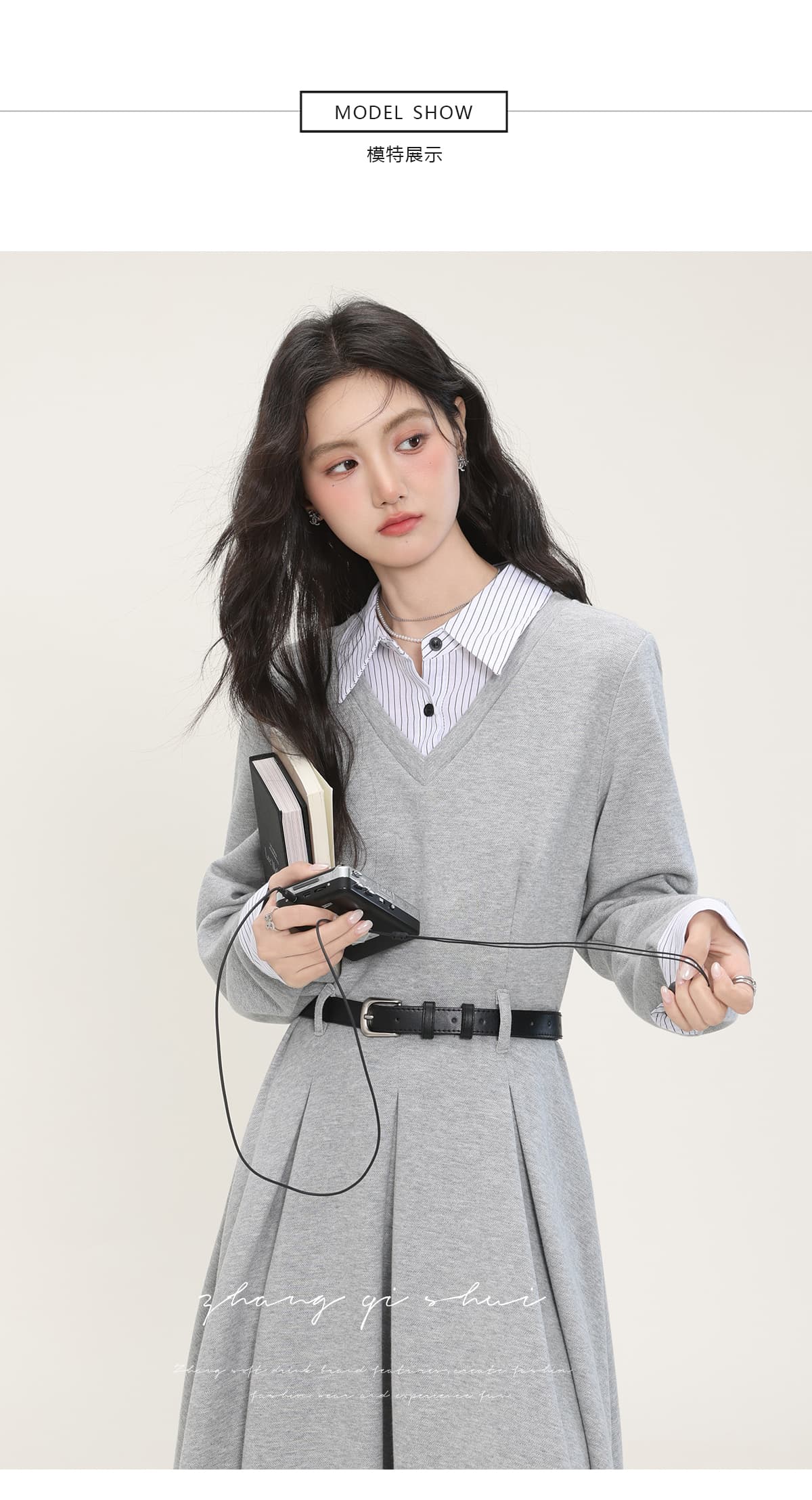 가을 겨울 새로운 회색 셔츠 칼라 드레스 페이크 레이어드 디자인 센스 허리 수축 슬림해 보이는 치마 아이들 상세 이미지 3