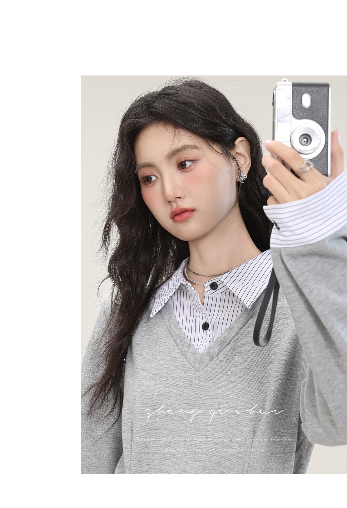 가을 겨울 새로운 회색 셔츠 칼라 드레스 페이크 레이어드 디자인 센스 허리 수축 슬림해 보이는 치마 아이들 상세 이미지 4